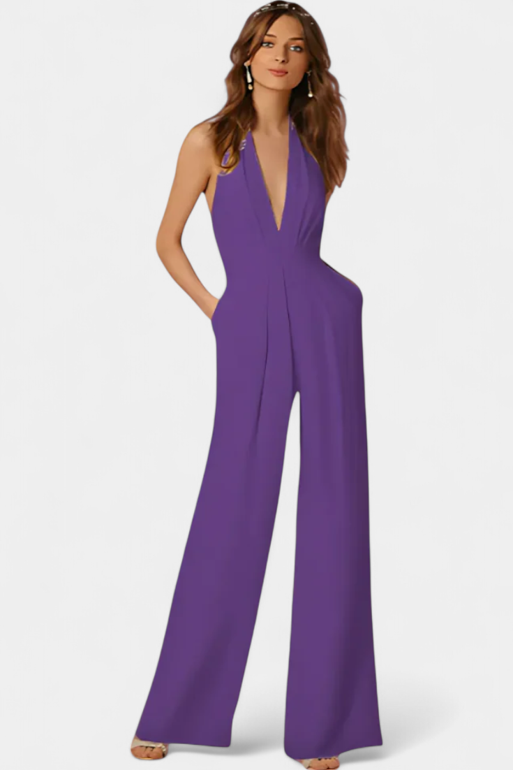 Deep V-Neck Halter Wide Leg Jumpsuit
