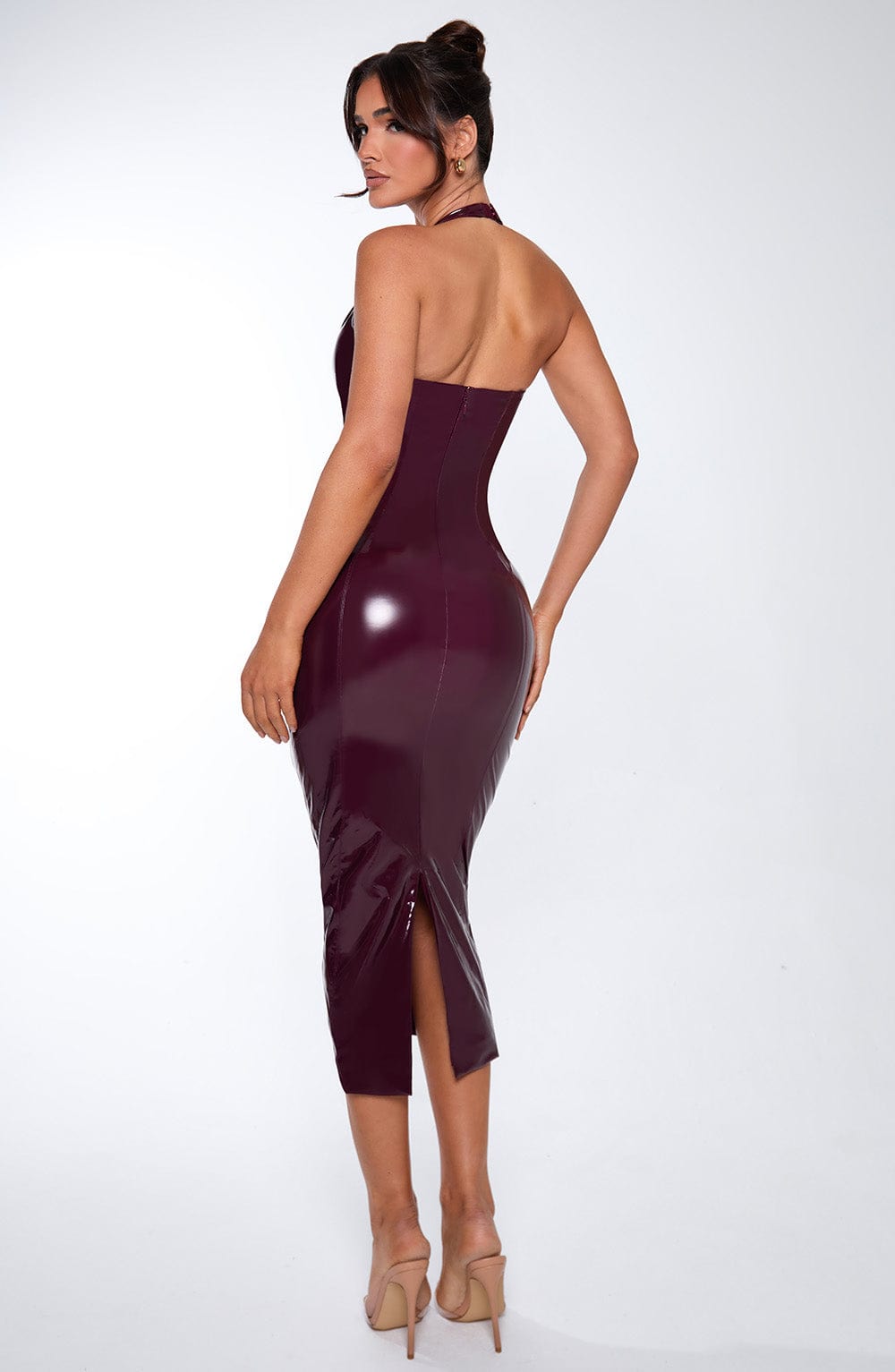 Patent Faux Leather Halter Neck V-Neck Bodycon Midi Dress 12