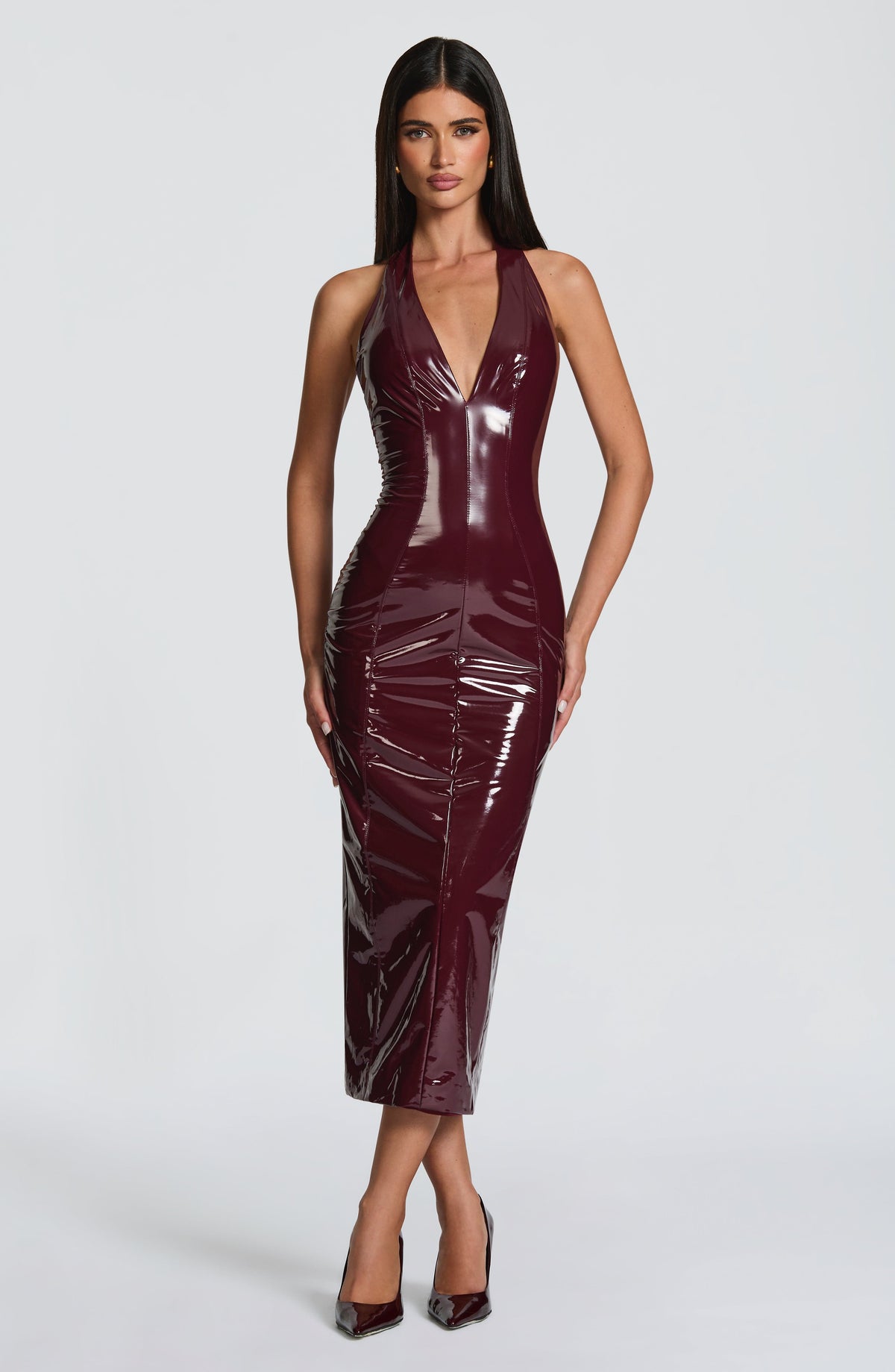 Patent Faux Leather Halter Neck V-Neck Bodycon Midi Dress