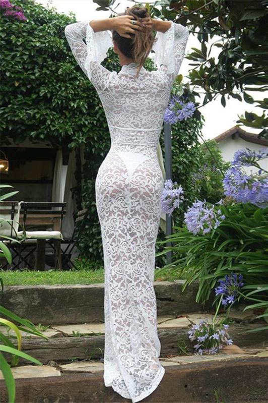 Sheer Lace V-Neck Scalloped Trim Bell Sleeve Mermaid Maxi Dress 3