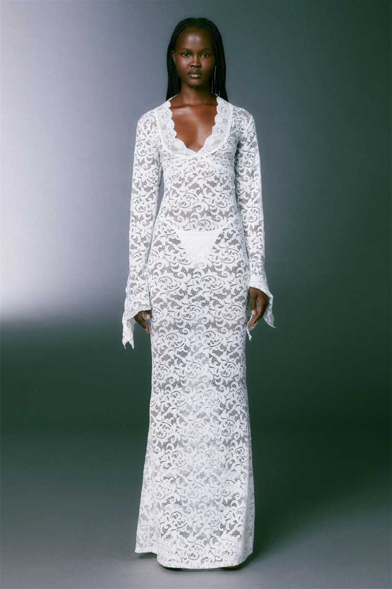 Sheer Lace V-Neck Scalloped Trim Bell Sleeve Mermaid Maxi Dress 8