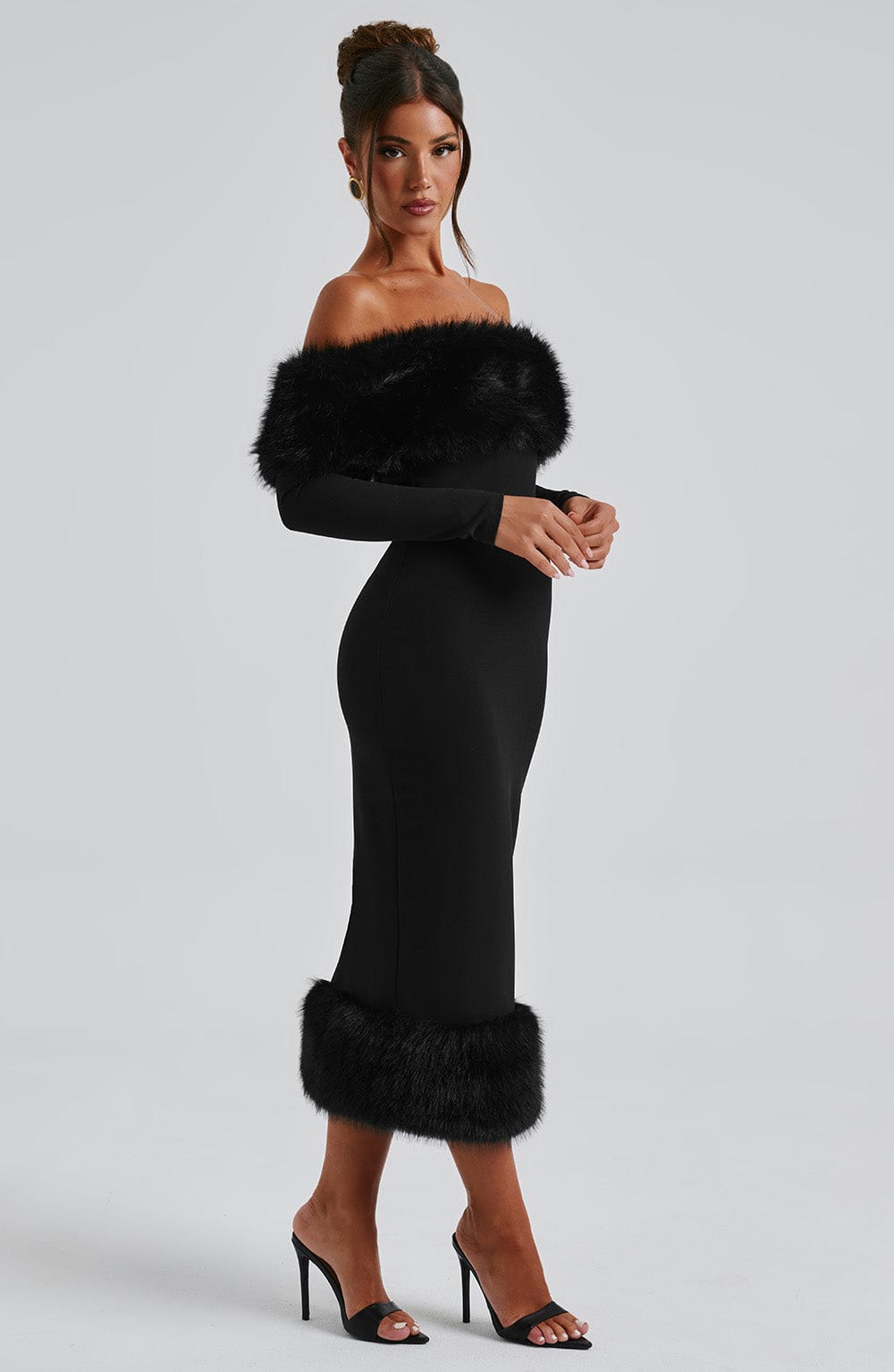 Faux Fur Trim Off Shoulder Long Sleeve Bodycon Midi Dress 8