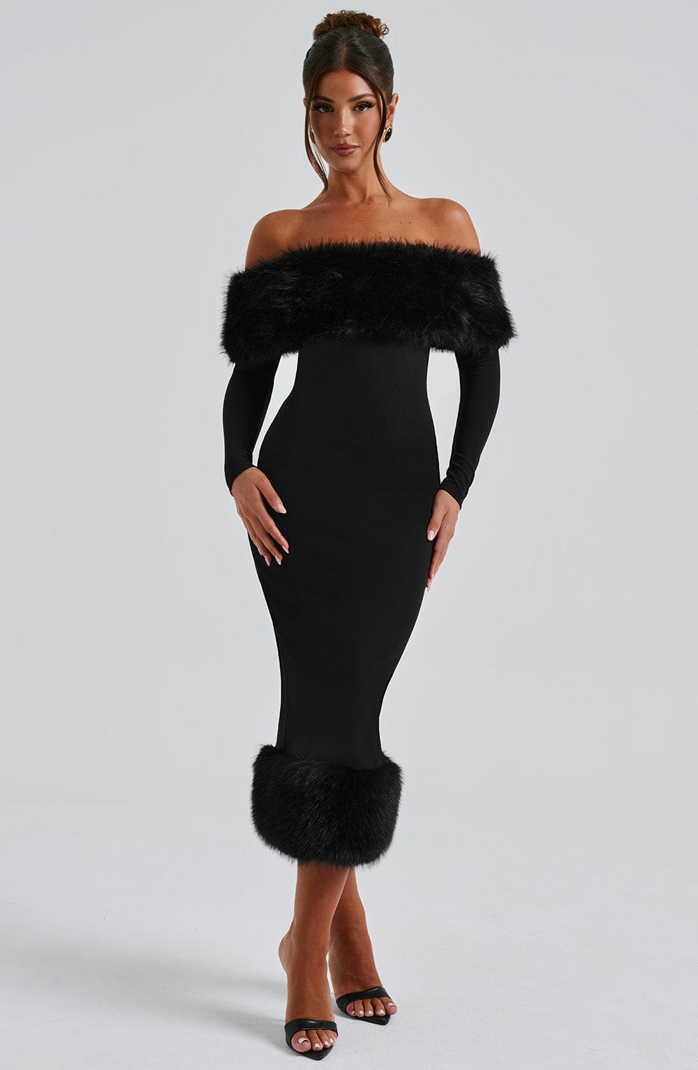 Faux Fur Trim Off Shoulder Long Sleeve Bodycon Midi Dress