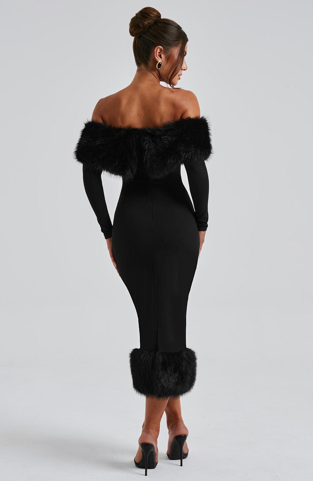 Faux Fur Trim Off Shoulder Long Sleeve Bodycon Midi Dress 7