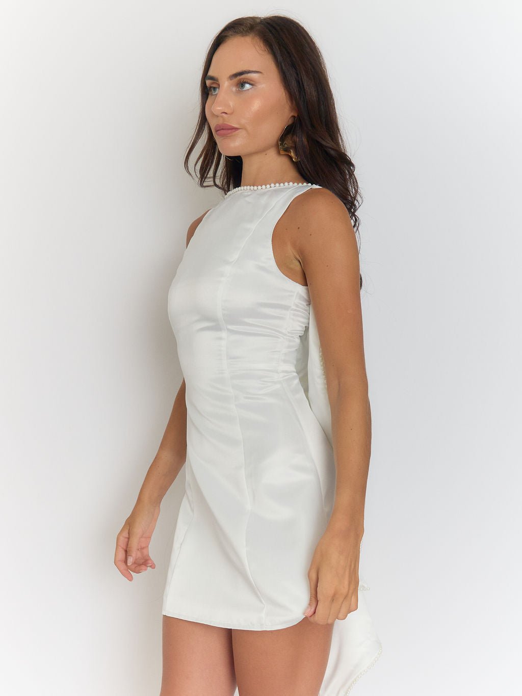 Satin Faux Pearl Trim Bow Back Sleeveless Draped Mini Dress 5