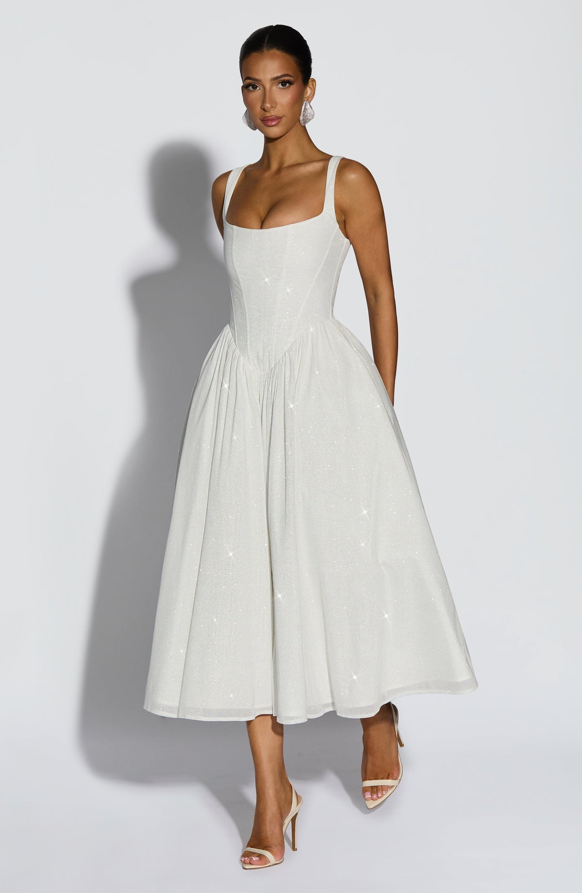 Glitter Square Neck Corset Bodice Full Skirt Midi Dress 5