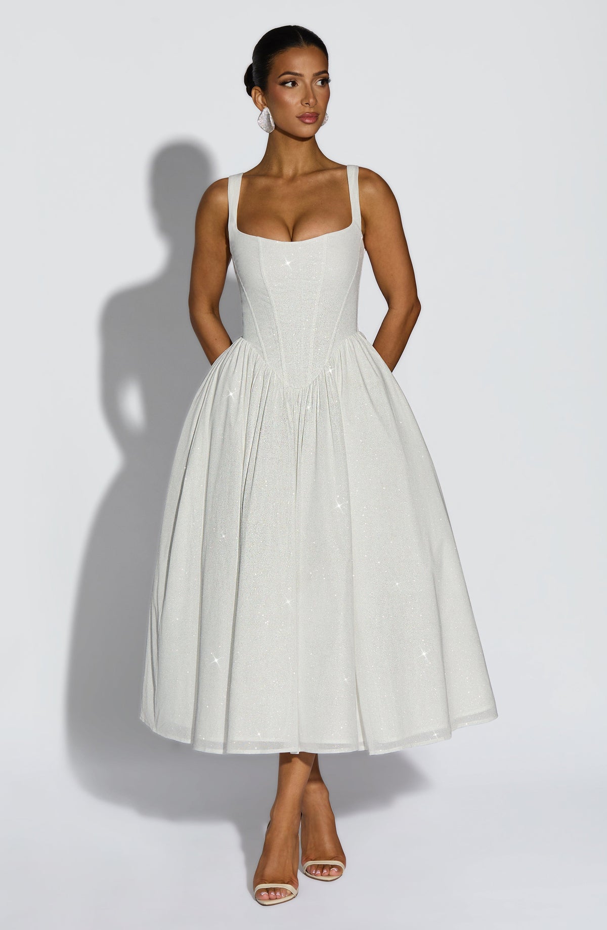 Glitter Square Neck Corset Bodice Full Skirt Midi Dress 4