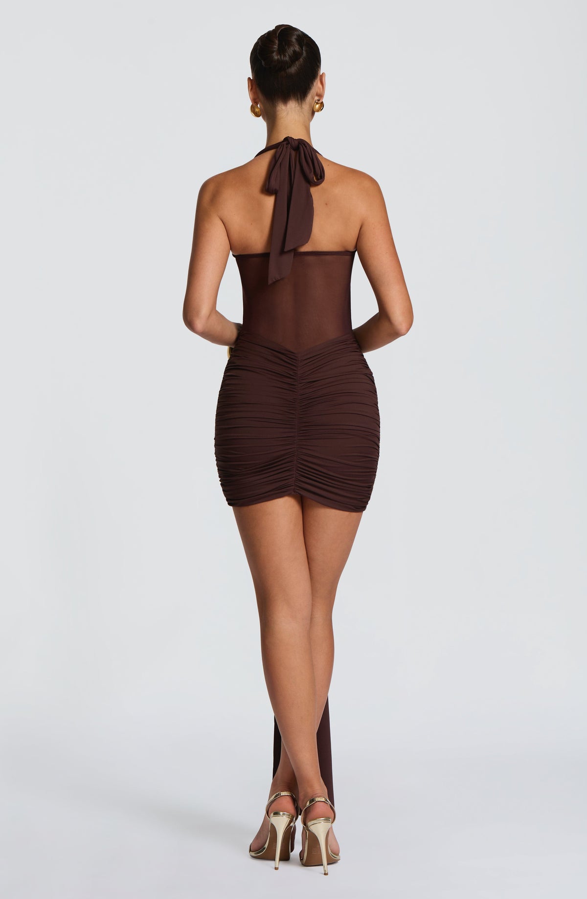 Halter Twist Bust Sheer Mesh Ruched Drape Sash Mini Dress 3