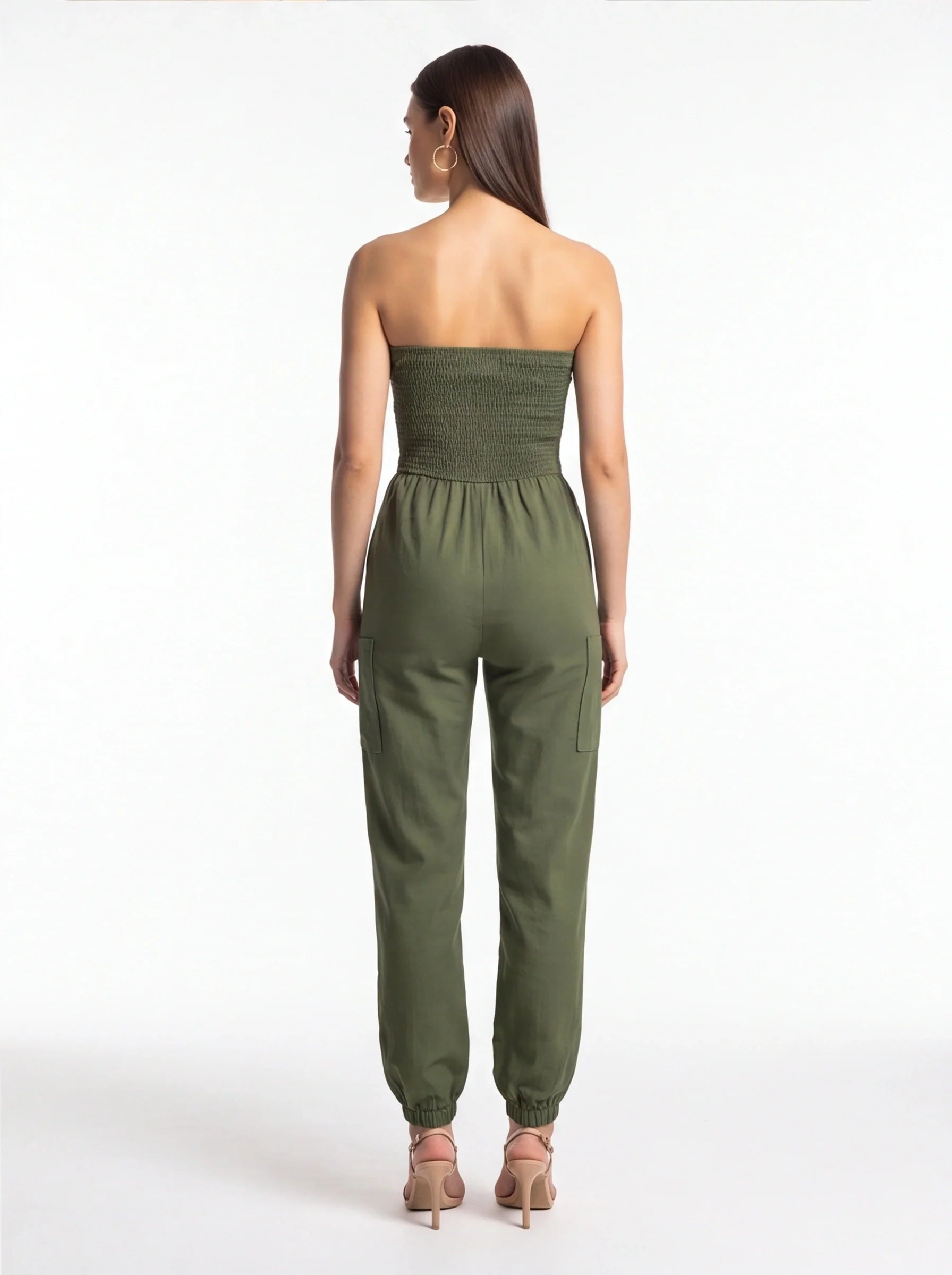 Jamota Women's Strapless Olive Green Casual Jumpsuit with Elastic Waist - Pockets and Adjustable Waist