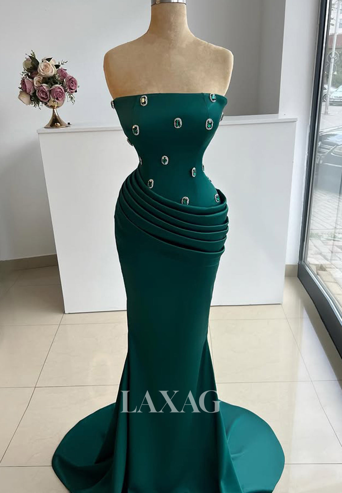 Tube Top Off-Shoulder Sleeveless Formal Gowns Pleated Beaded Jewel Mermaid Prom Dress with Sweep Train