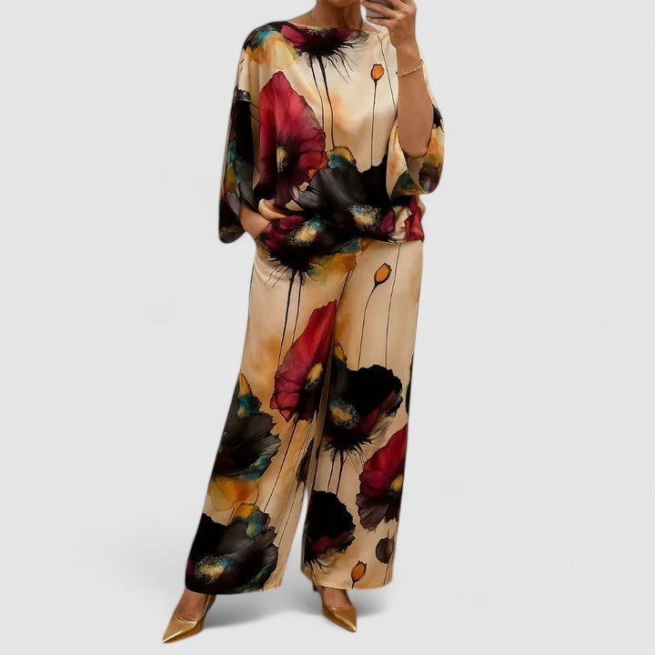 Floral Batwing Sleeve Top and Wide Leg Pants Two Piece Set