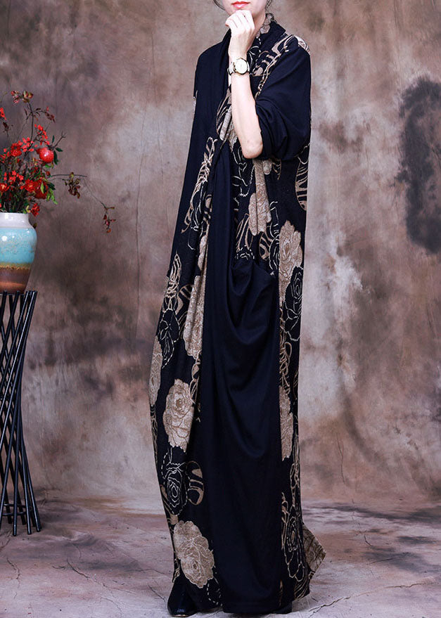 Rose Floral Print V-Neck Draped Wrap Three Quarter Sleeve Maxi Dress