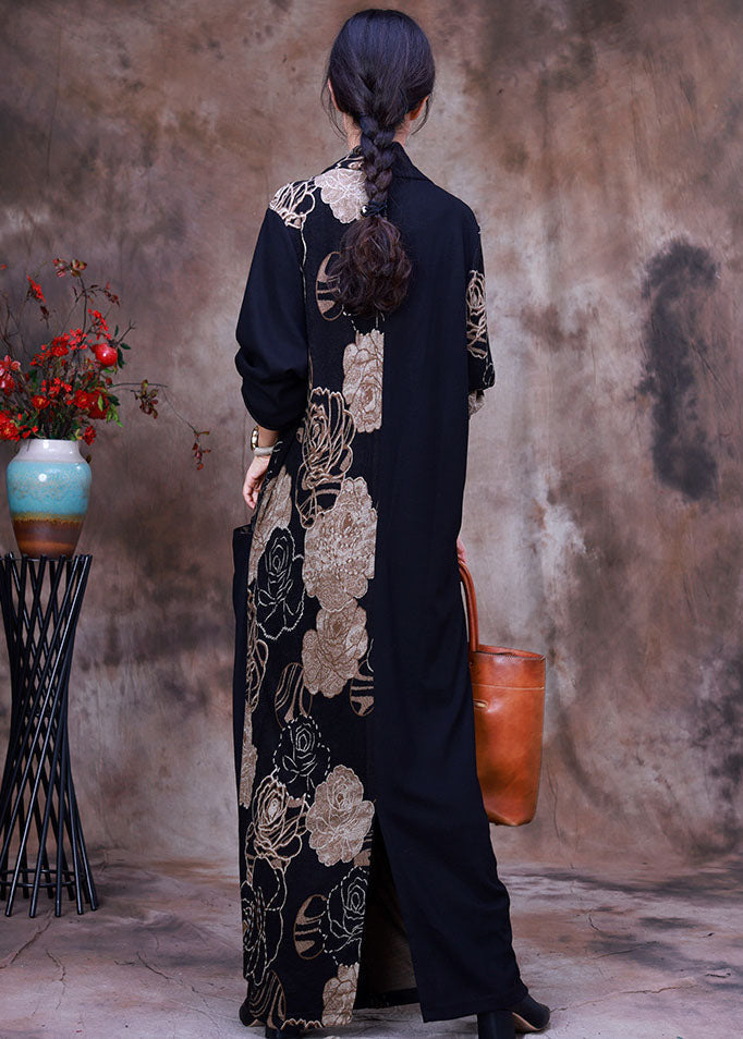 Rose Floral Print V-Neck Draped Wrap Three Quarter Sleeve Maxi Dress
