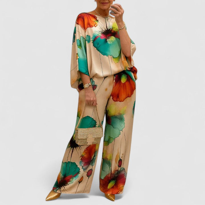 Floral Print Satin Batwing Sleeve Top and Wide Leg Pants Two Piece Set