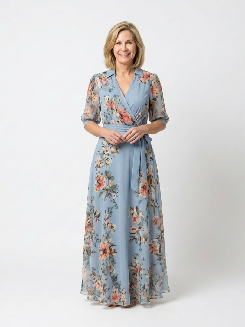 Floral Print Collared Half Sleeve Wrap Maxi Dress