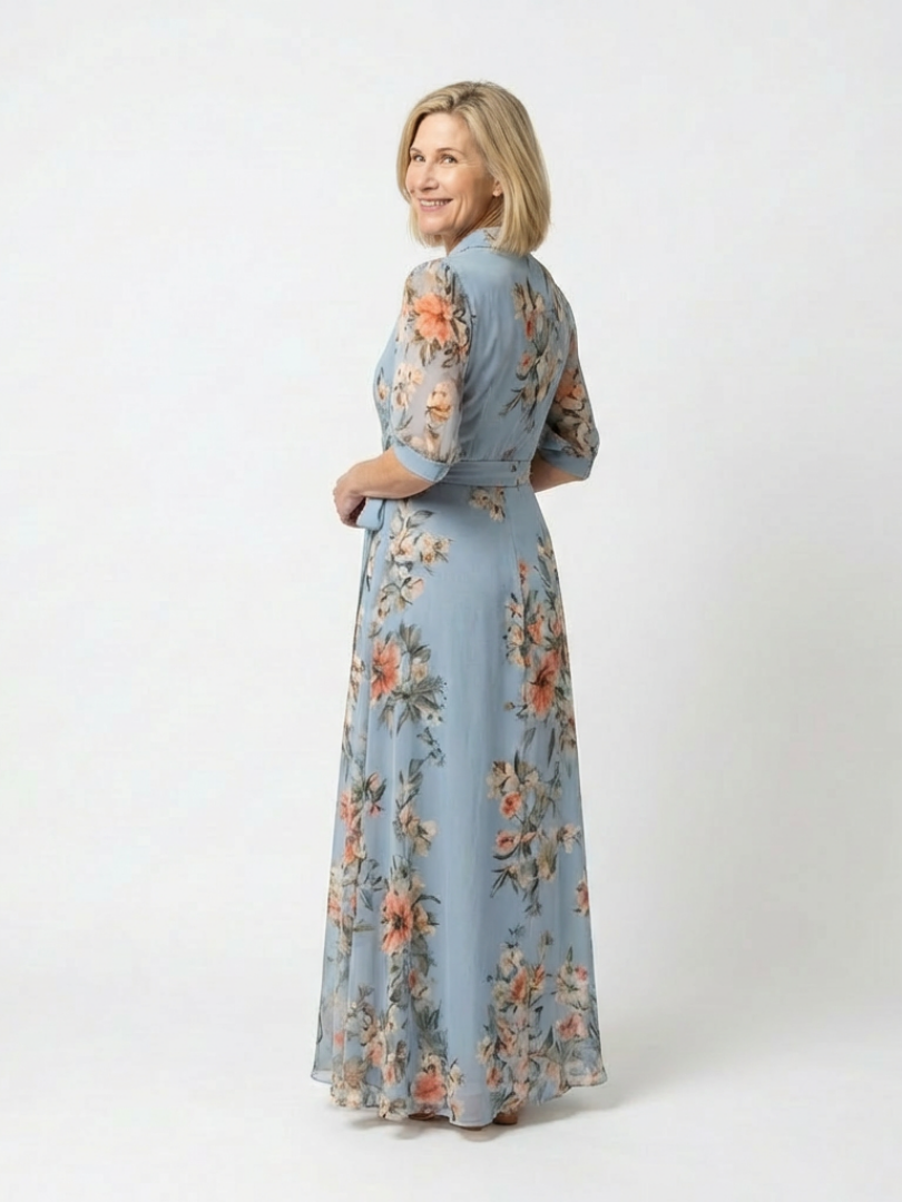 Floral Print Collared Half Sleeve Wrap Maxi Dress