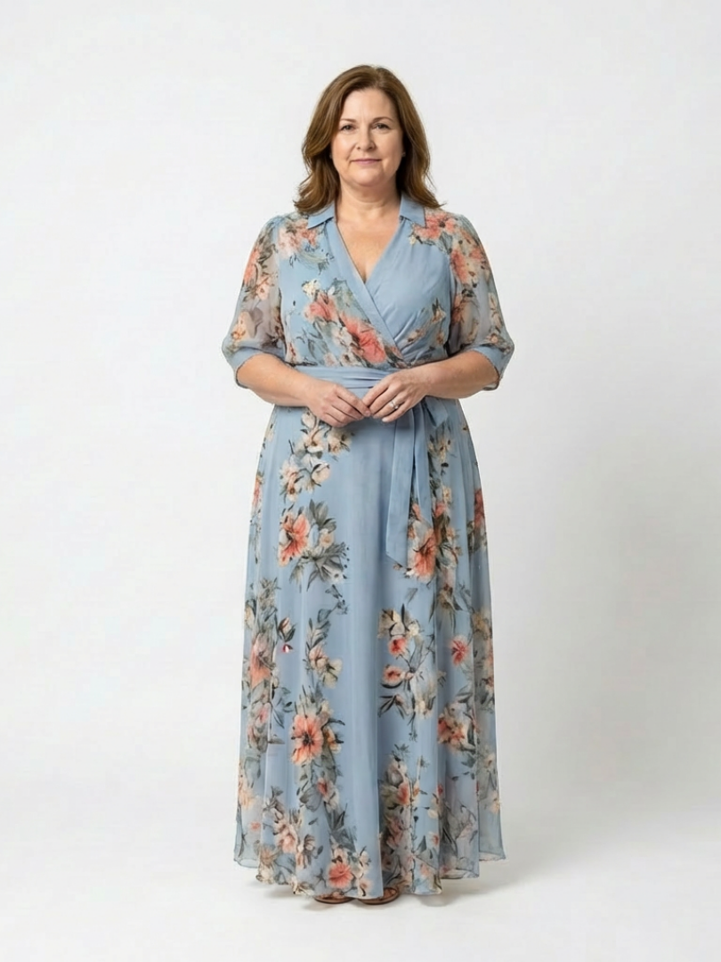 Floral Print Collared Half Sleeve Wrap Maxi Dress