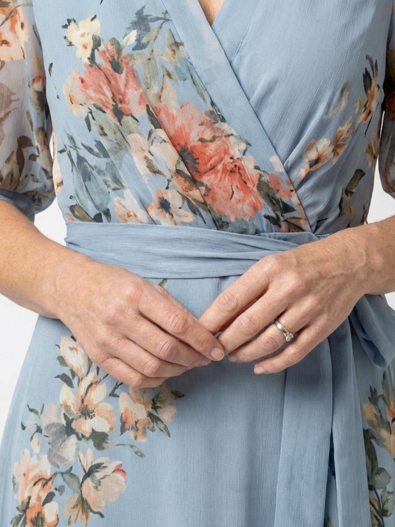 Floral Print Collared Half Sleeve Wrap Maxi Dress