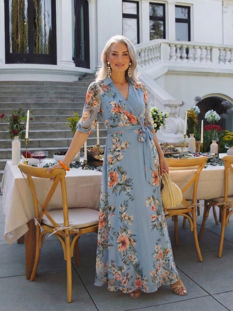 Floral Print Collared Half Sleeve Wrap Maxi Dress