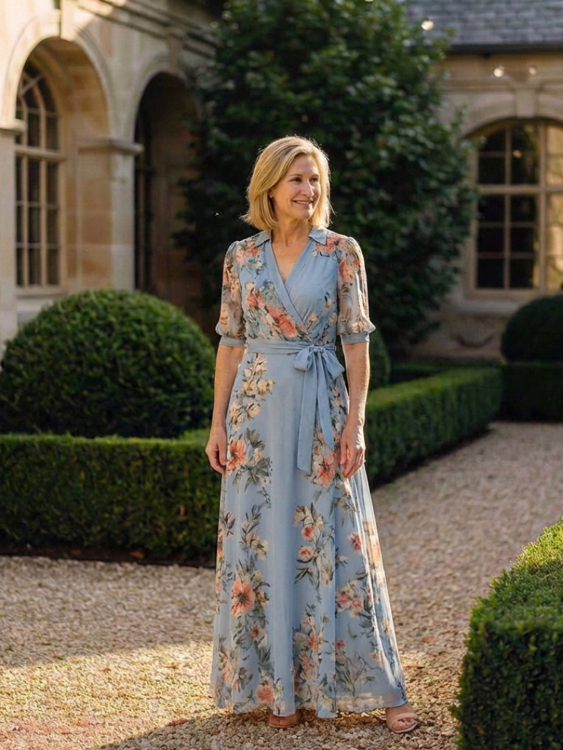 Floral Print Collared Half Sleeve Wrap Maxi Dress