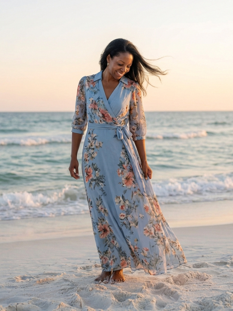 Floral Print Collared Half Sleeve Wrap Maxi Dress