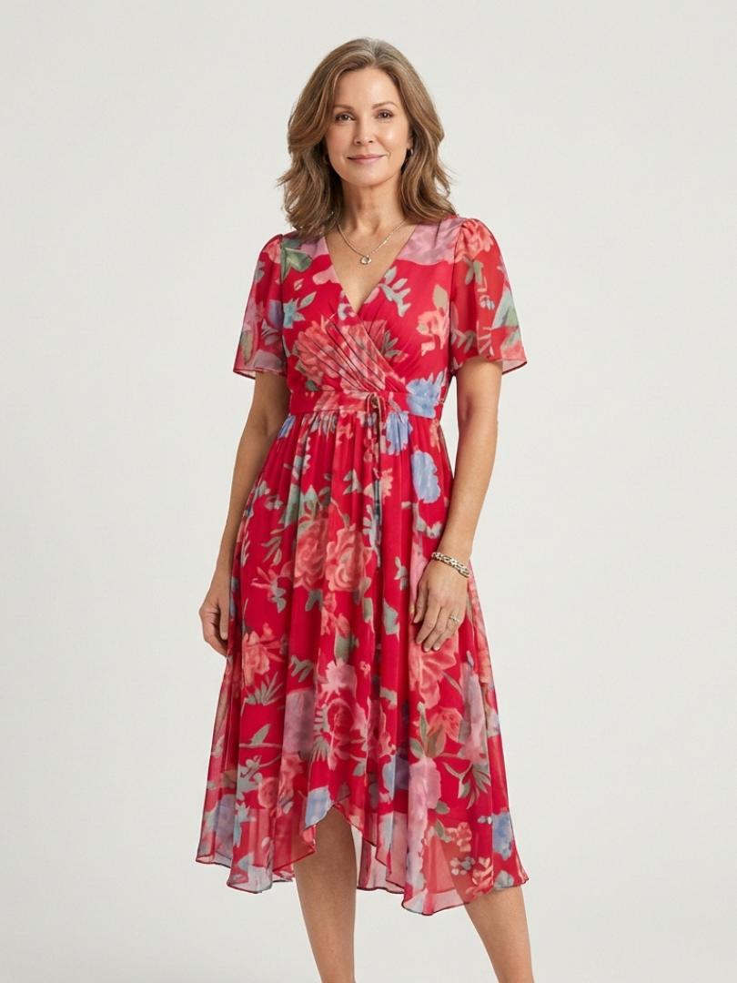 Abstract Print V-Neck Short Sleeve Wrap Midi Dress
