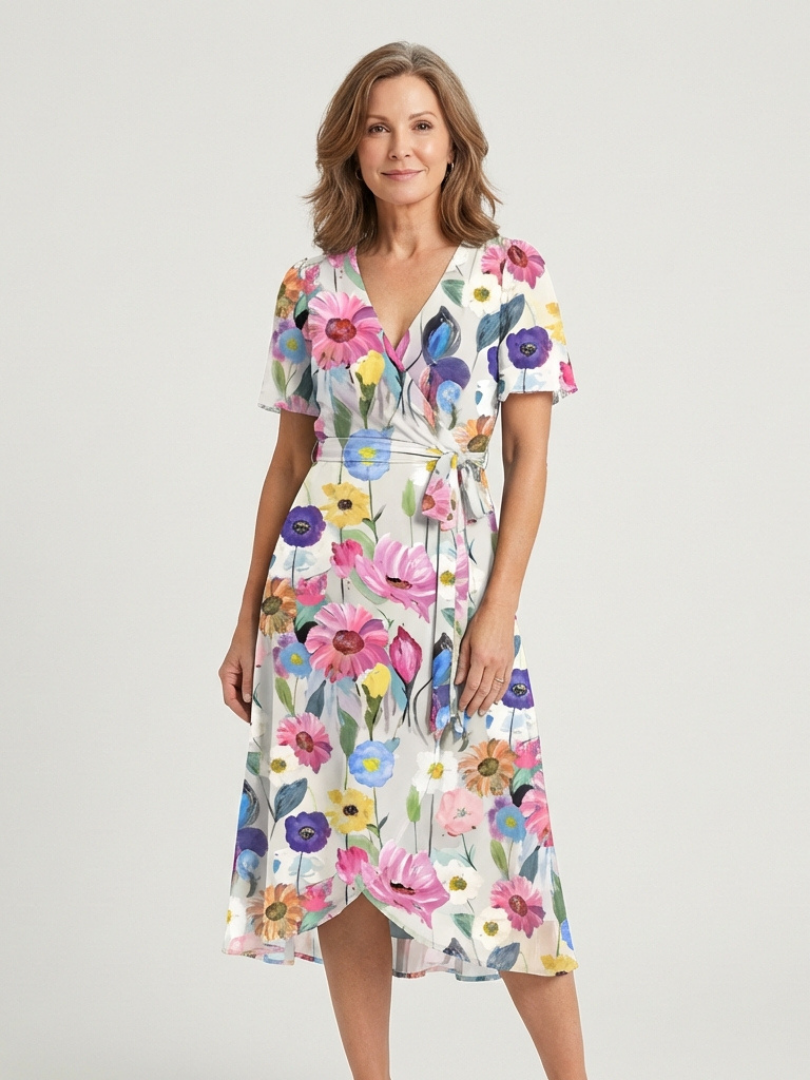 Abstract Print V-Neck Short Sleeve Wrap Midi Dress