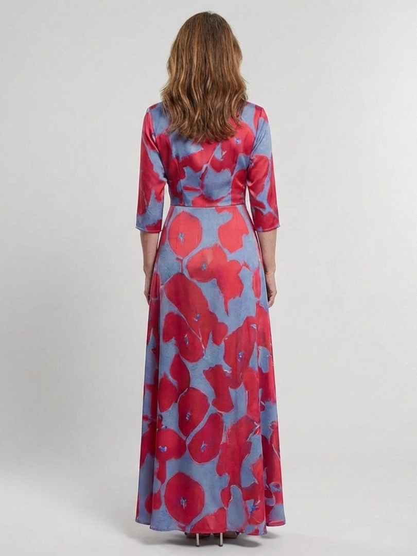Floral Print Wrap V-Neck Three Quarter Sleeve Maxi Dress