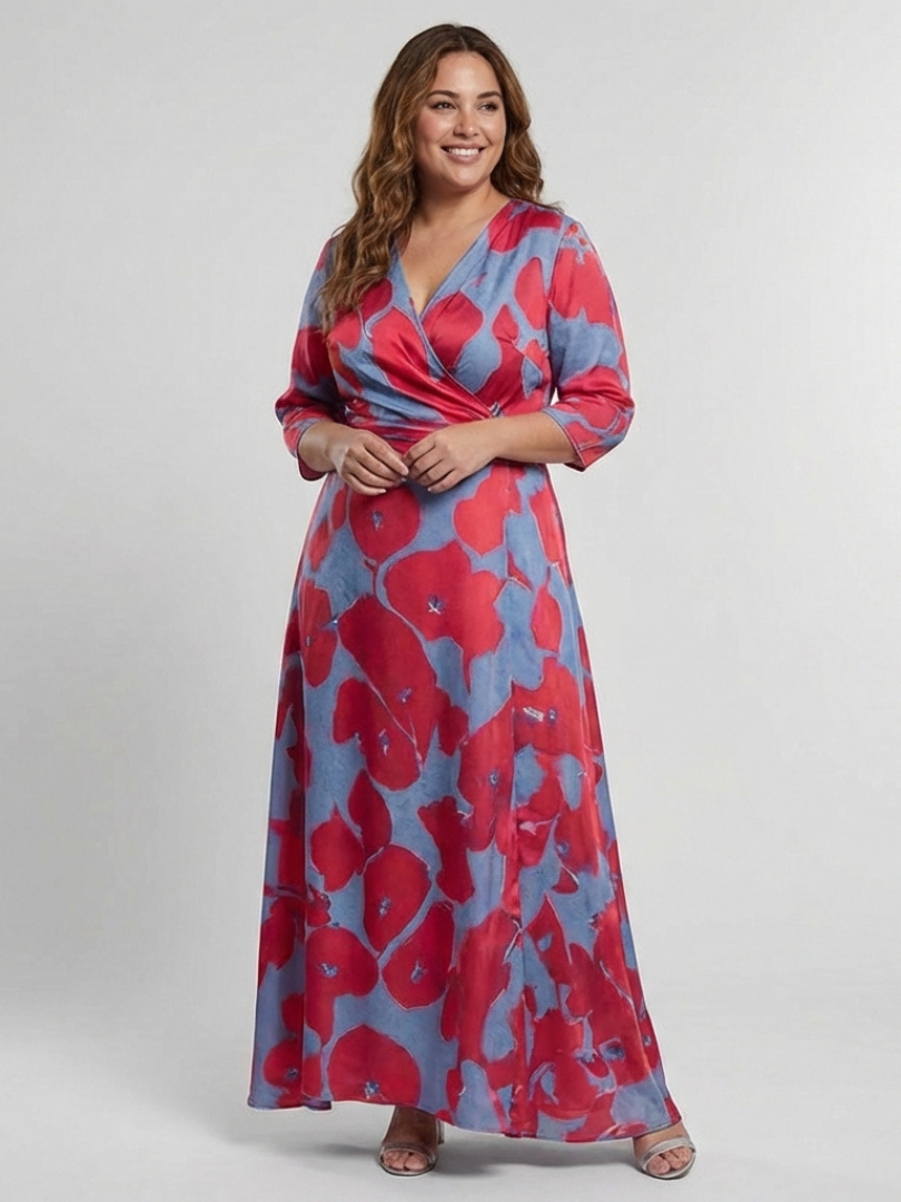 Floral Print Wrap V-Neck Three Quarter Sleeve Maxi Dress