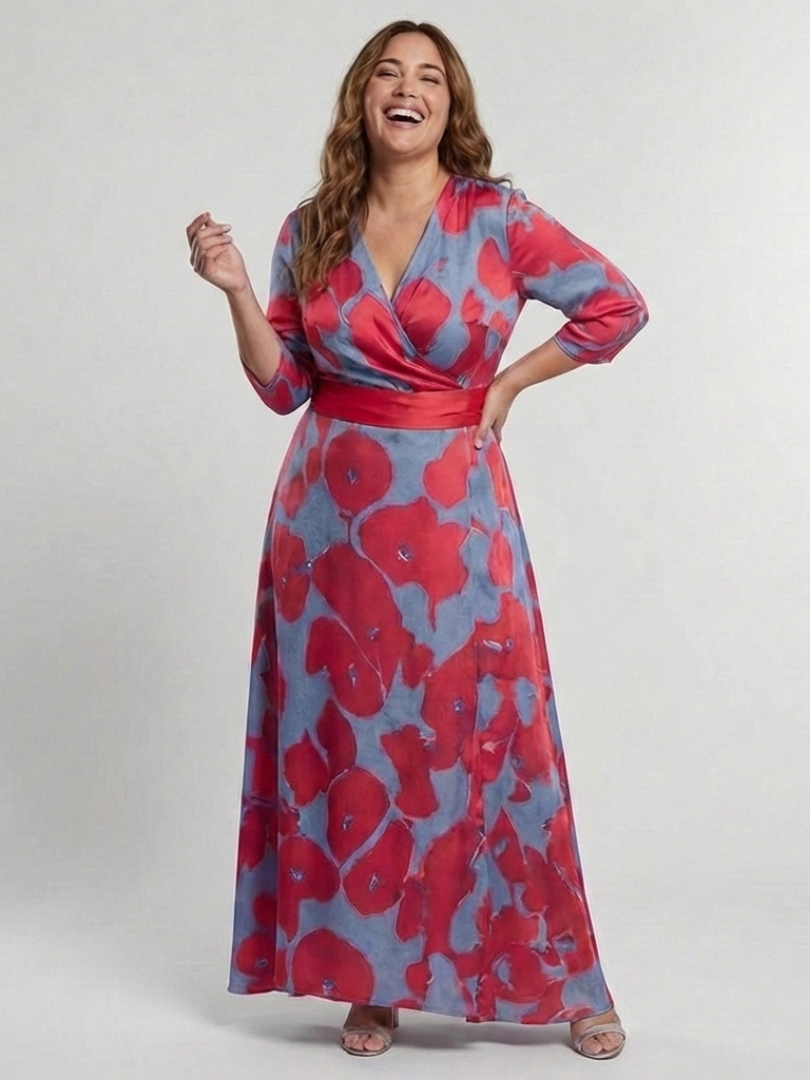 Floral Print Wrap V-Neck Three Quarter Sleeve Maxi Dress