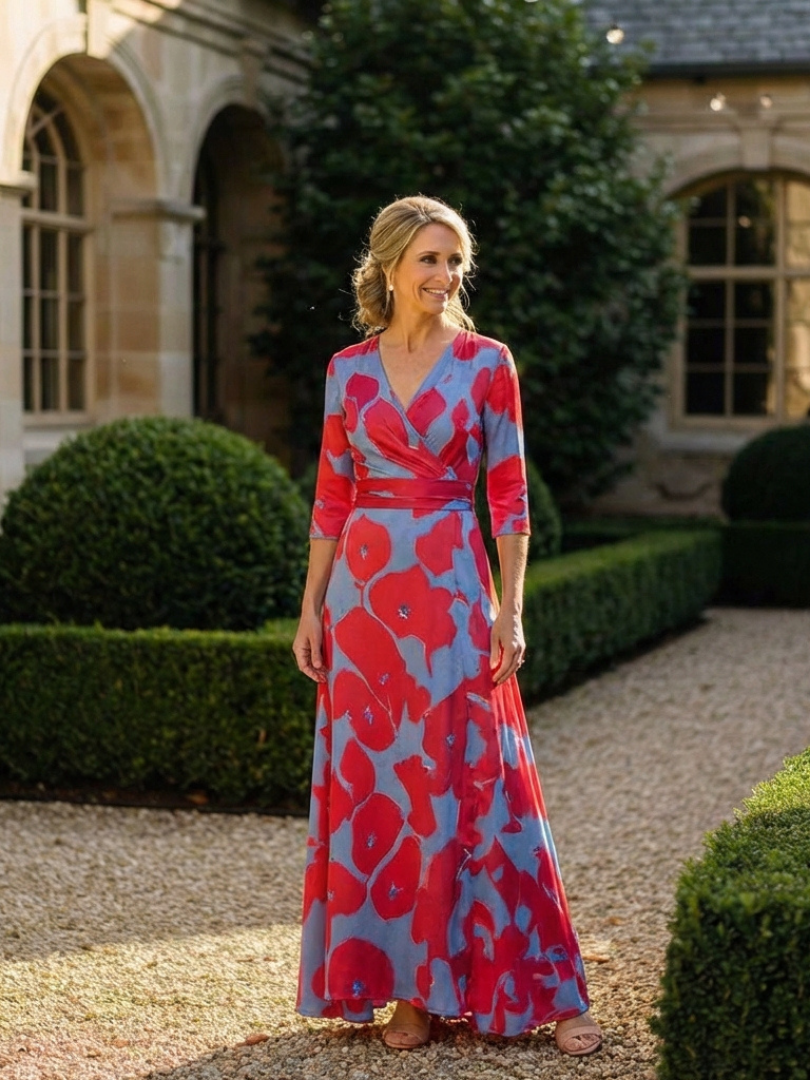 Floral Print Wrap V-Neck Three Quarter Sleeve Maxi Dress