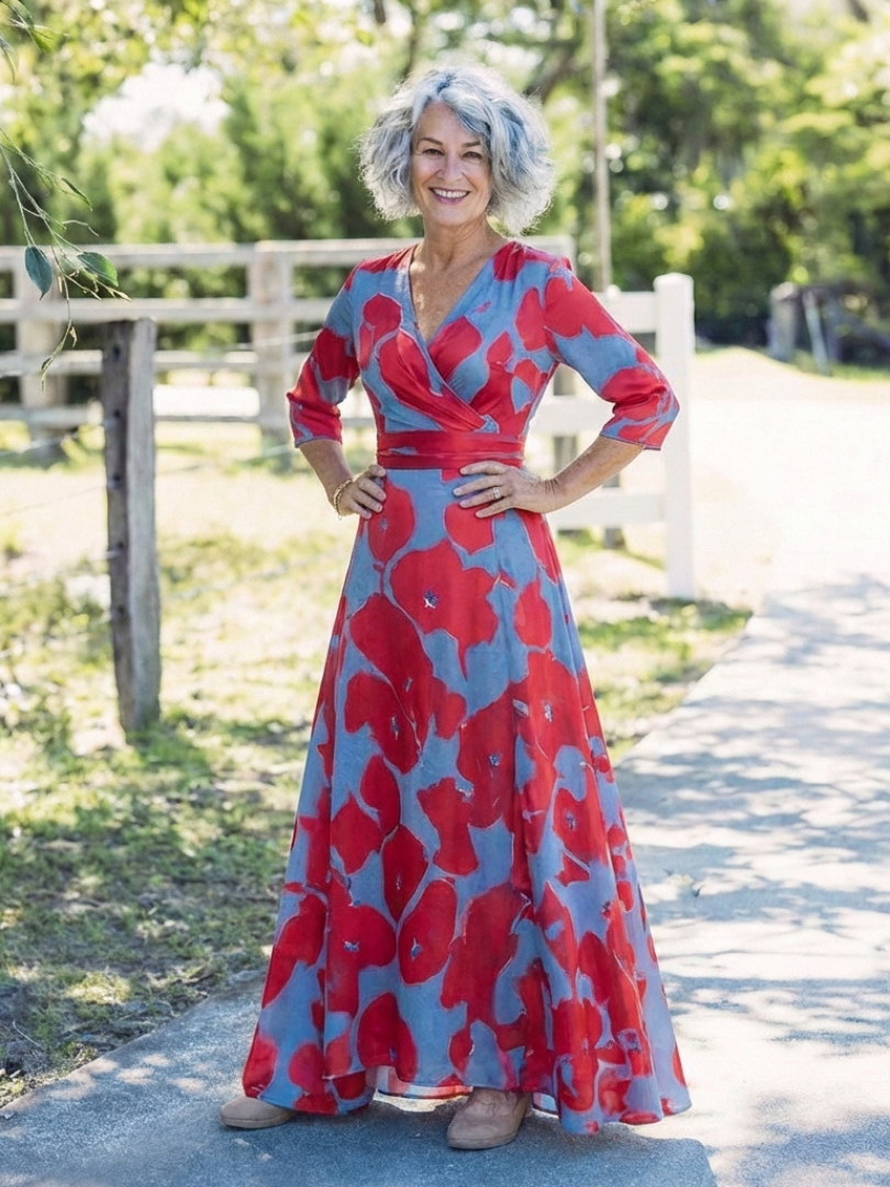 Floral Print Wrap V-Neck Three Quarter Sleeve Maxi Dress