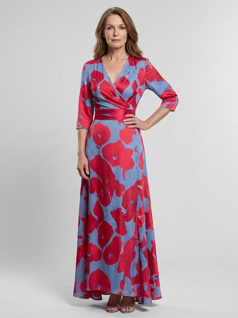 Floral Print Wrap V-Neck Three Quarter Sleeve Maxi Dress