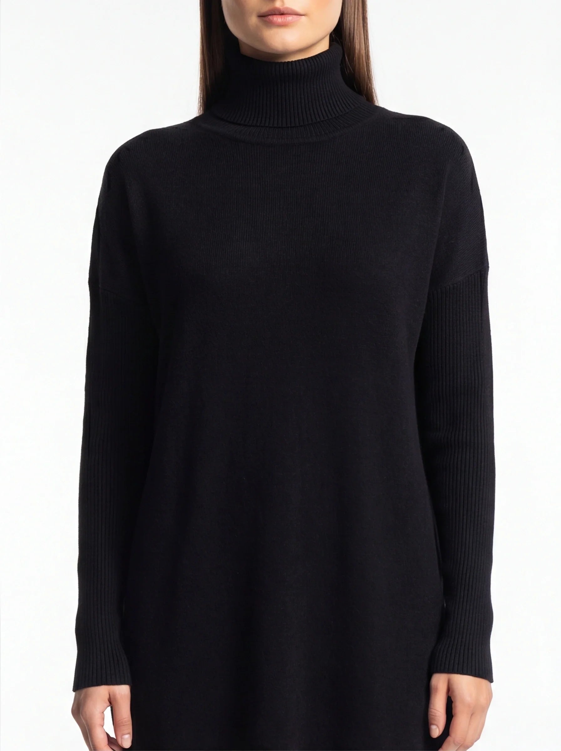 Cozy Black Turtleneck Sweater Dress with Long Sleeves and Ribbed Detail