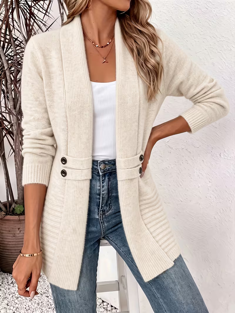 Shawl Collar Open Front Button Tab Ribbed Cardigan