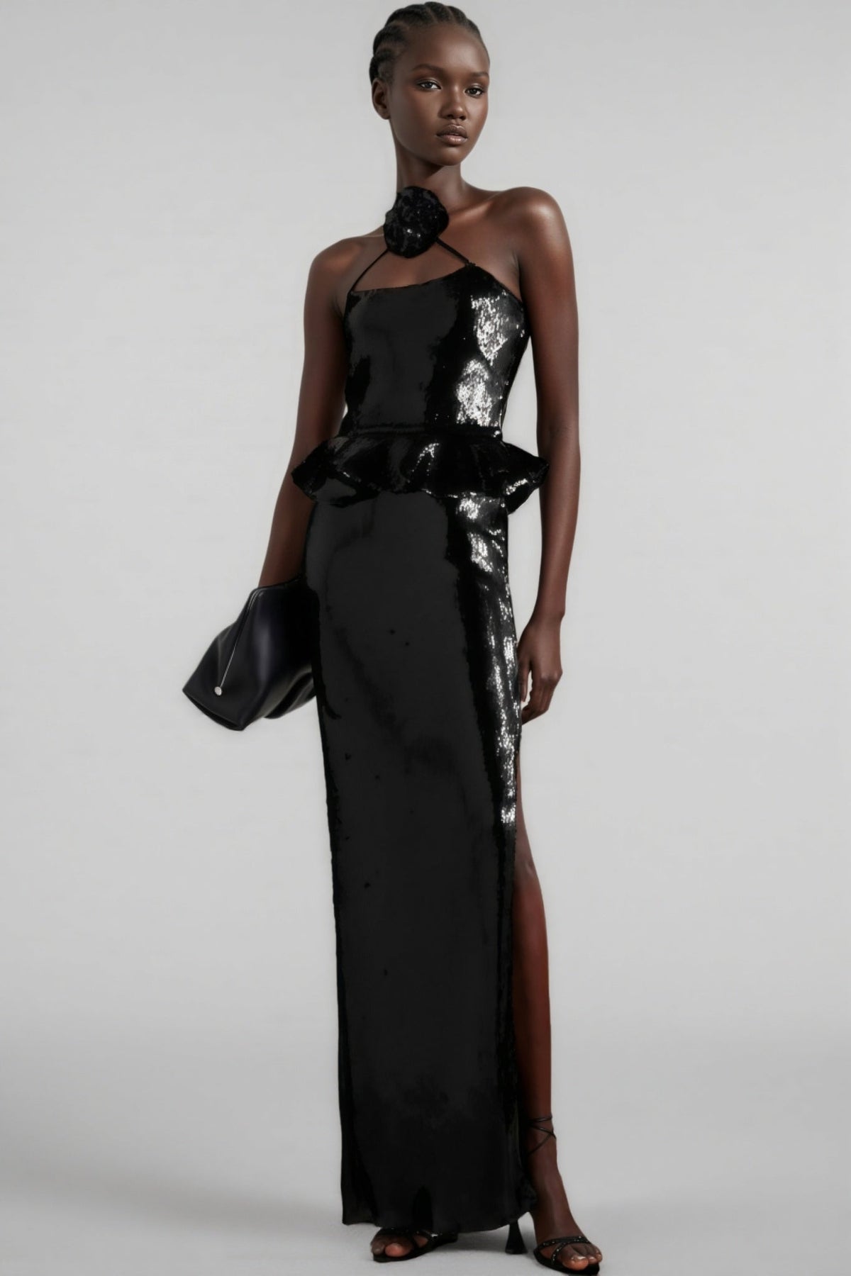 Sequin Halter Neck Rosette Peplum High Split Maxi Dress