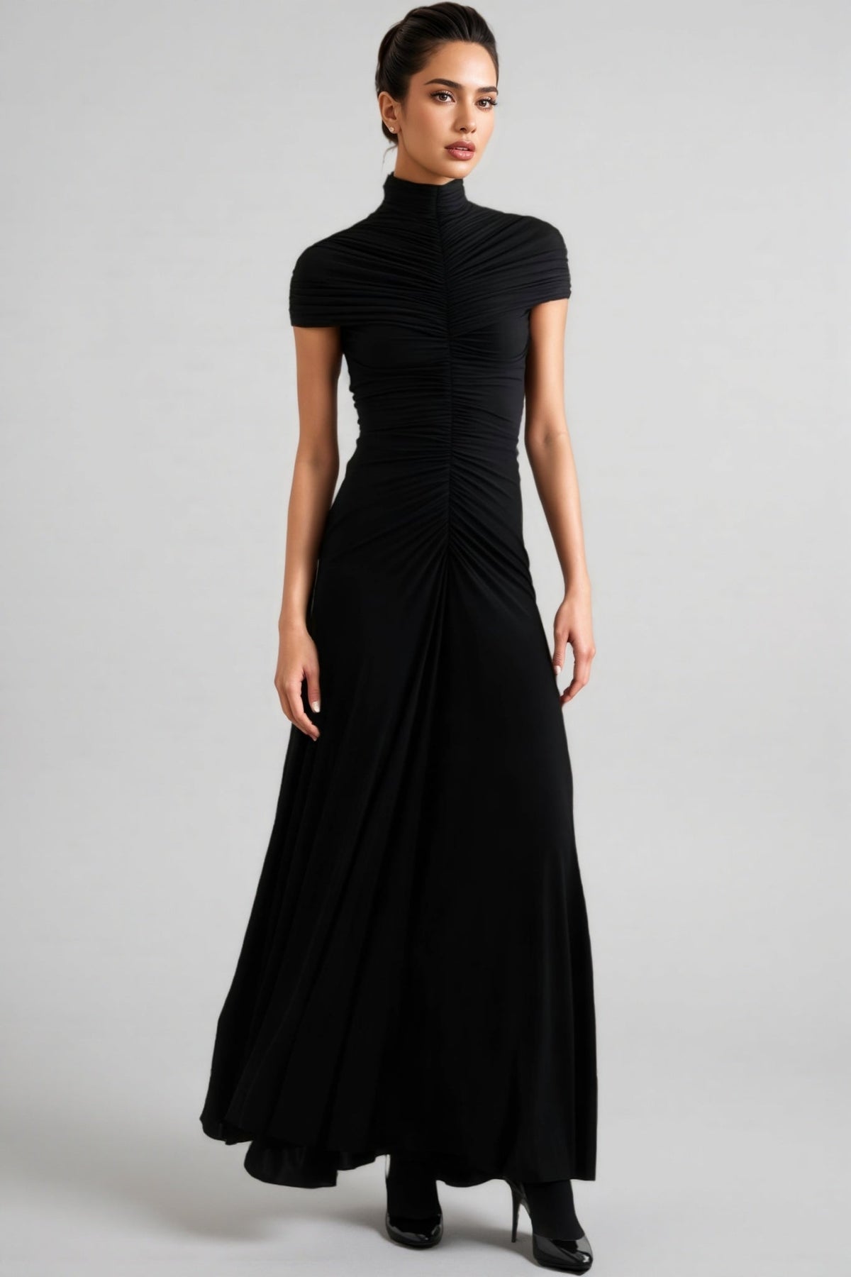 Mock Neck Cap Sleeve Ruched Front Flared Maxi Dress