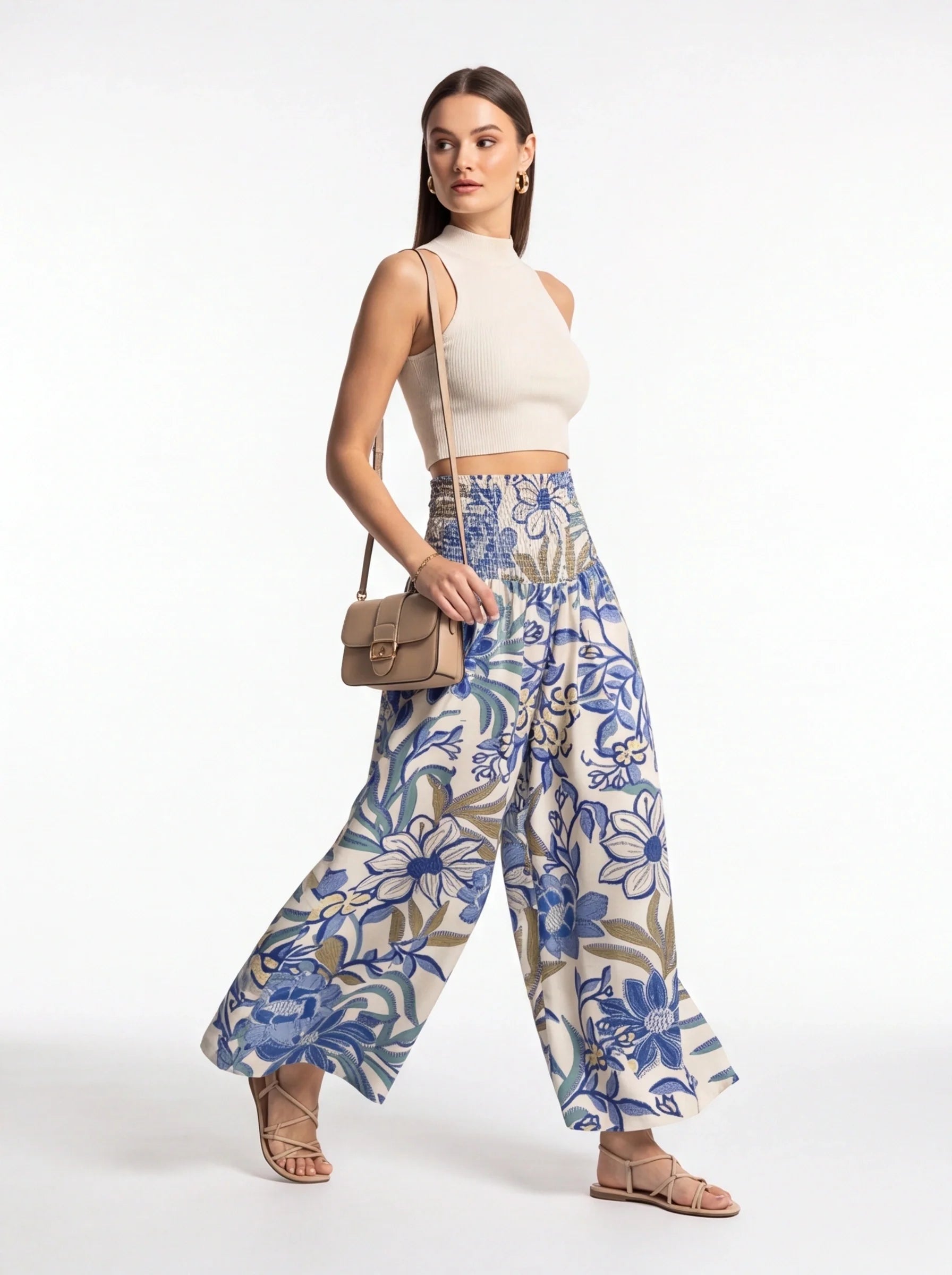 Multicolor Pants High Waist Shirred Elastic Wide Leg Floral Print Drapes Softly Viscose