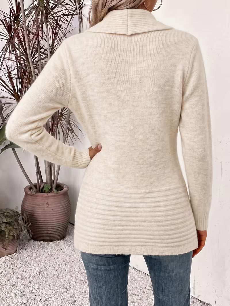 Shawl Collar Open Front Button Tab Ribbed Cardigan