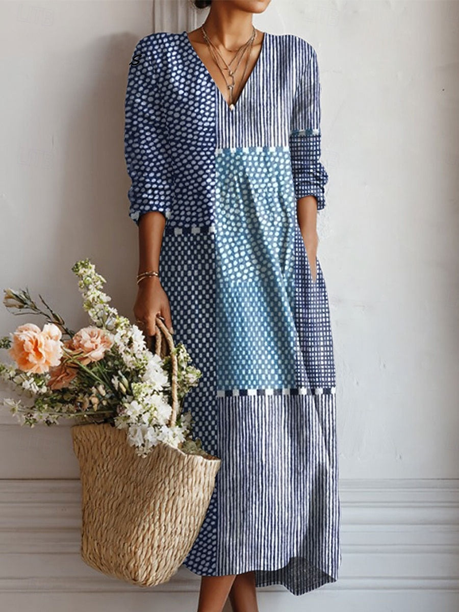 Patchwork Print V-Neck A-Line Midi Dress