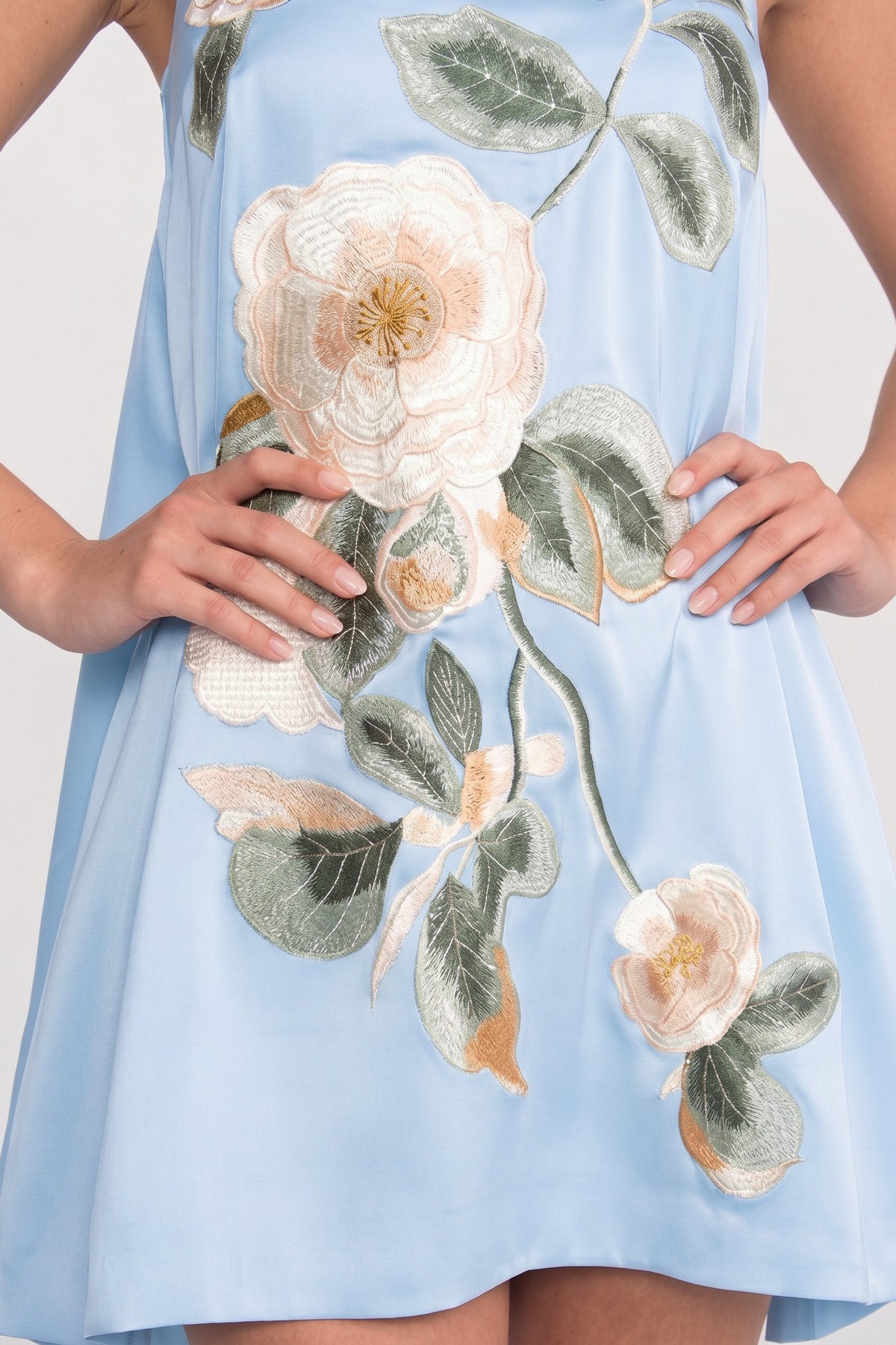 Satin Floral Embroidered Square Neck Spaghetti Strap A-Line Mini Dress 6