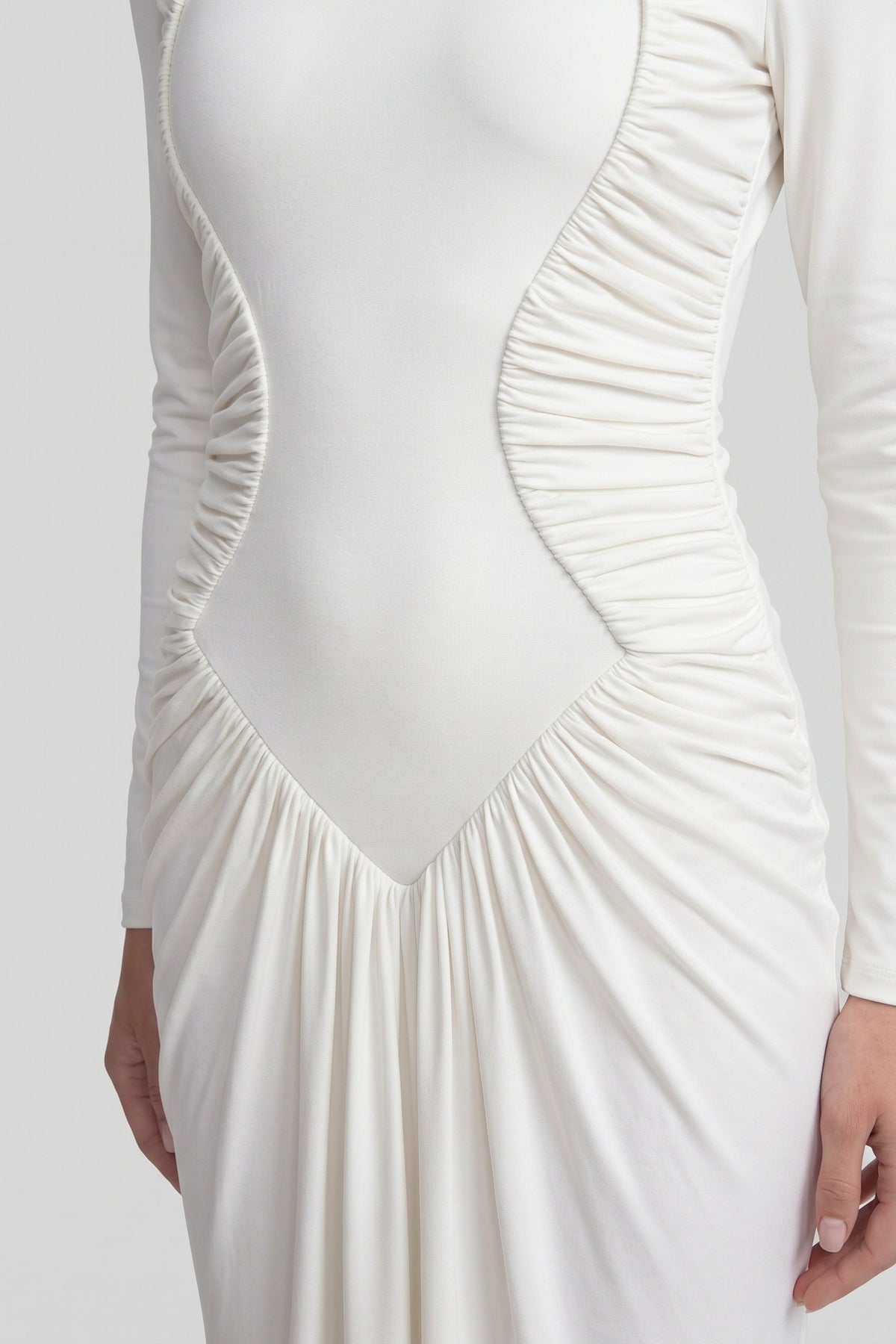 Mock Neck Long Sleeve Heart Panel Ruched Draped Maxi Gown 5