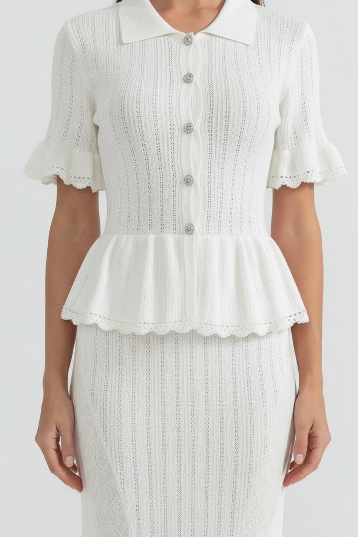 Polo Collar Short Sleeve Pointelle Knit Peplum Lace Hem Maxi Dress 5