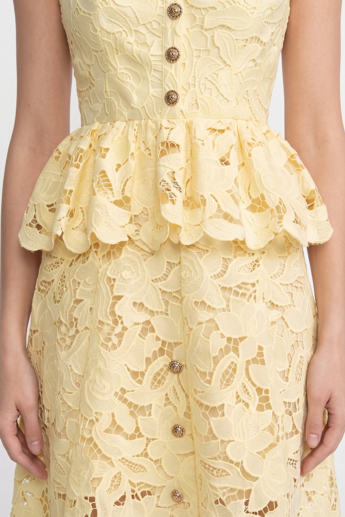 Square Neck Button Front Scallop Lace Peplum Midi Dress 9