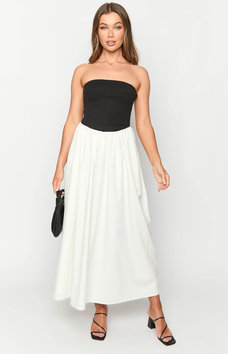 Strapless Ribbed Knit Bodice Gathered Poplin Skirt Maxi Dress 2