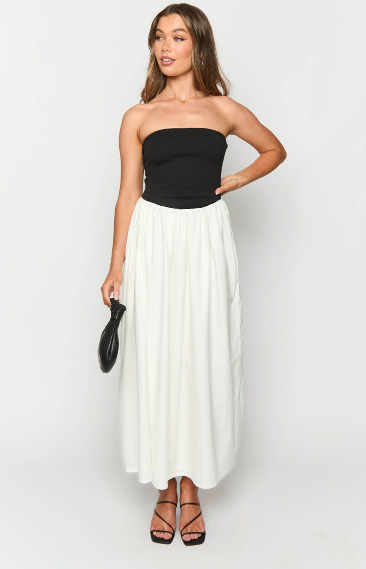 Strapless Ribbed Knit Bodice Gathered Poplin Skirt Maxi Dress 3