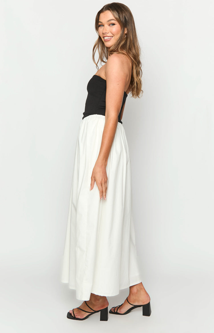 Strapless Ribbed Knit Bodice Gathered Poplin Skirt Maxi Dress 4