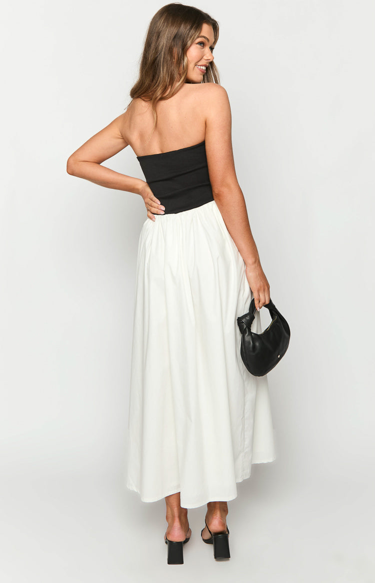 Strapless Ribbed Knit Bodice Gathered Poplin Skirt Maxi Dress 5