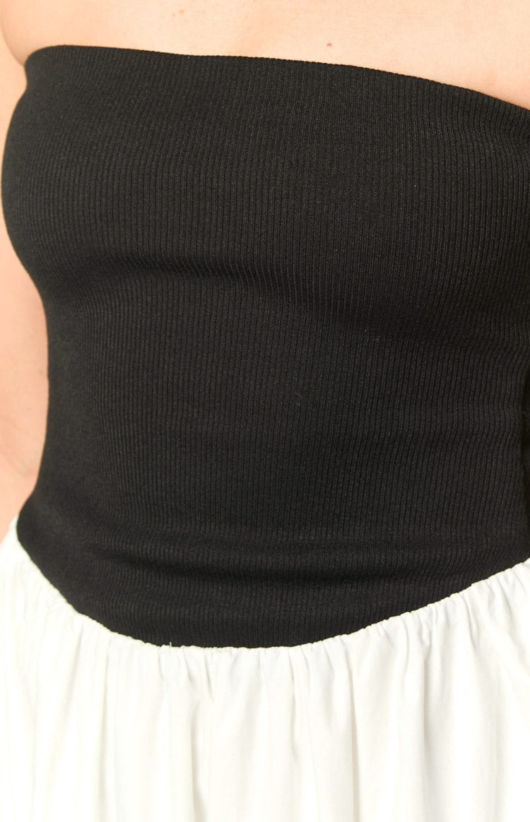 Strapless Ribbed Knit Bodice Gathered Poplin Skirt Maxi Dress 6