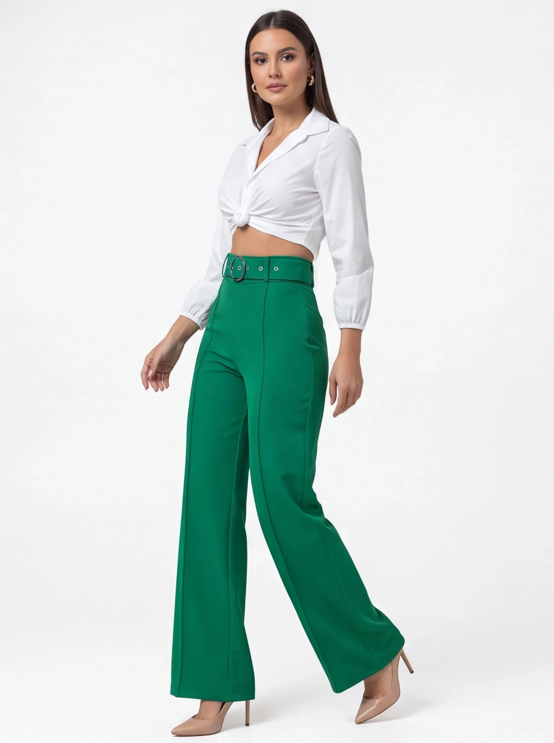Work Pants High Waist Straight Leg With Metal Button Detail